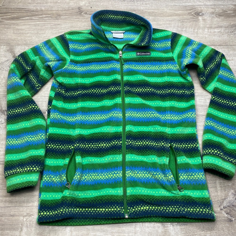 Columbia Youth XL Full Zip‎ Fleece Jacket Green Blue Striped XB6614 Polyester
